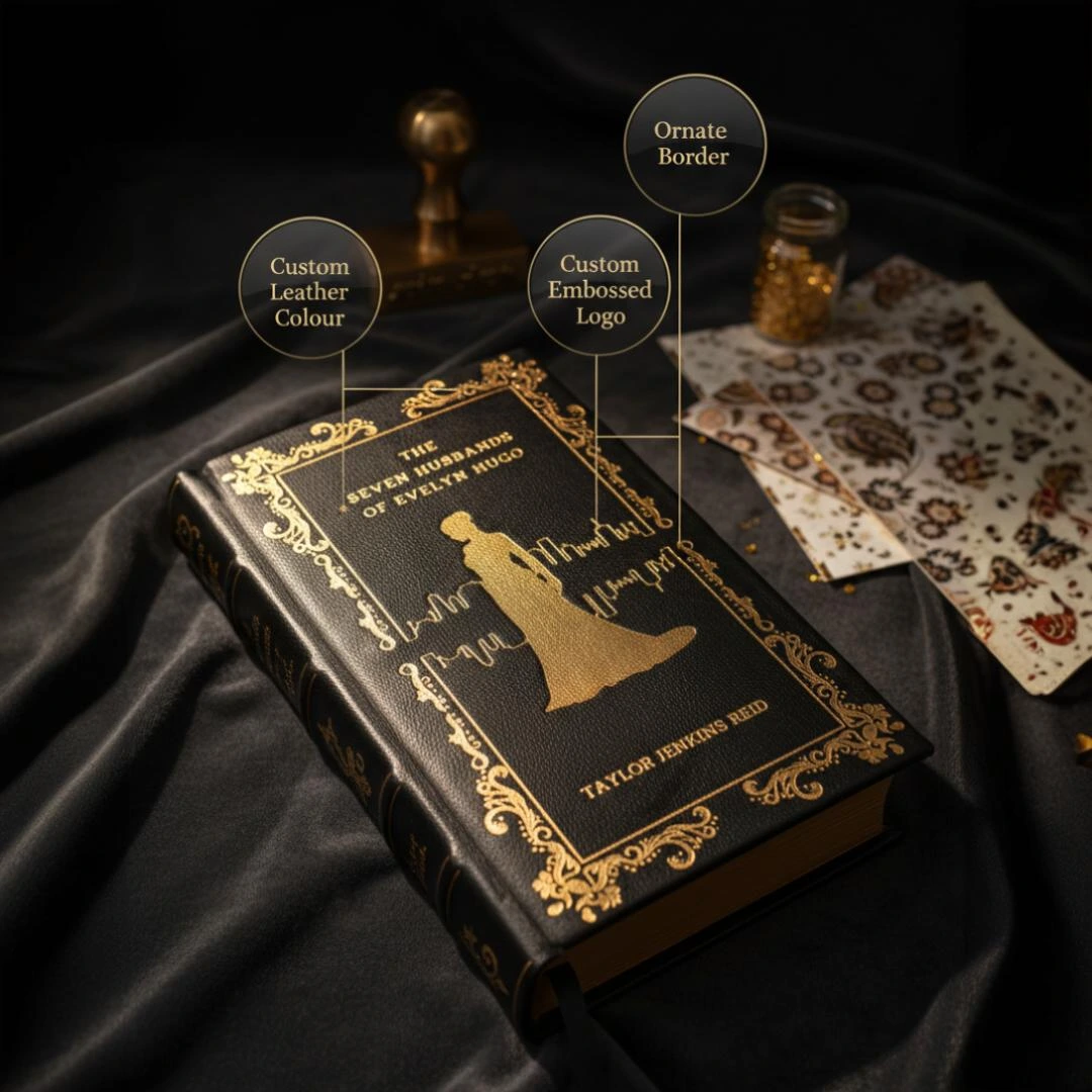 Custom leather-bound book with vibrant color, personalized logo, and detailed embossed borders.